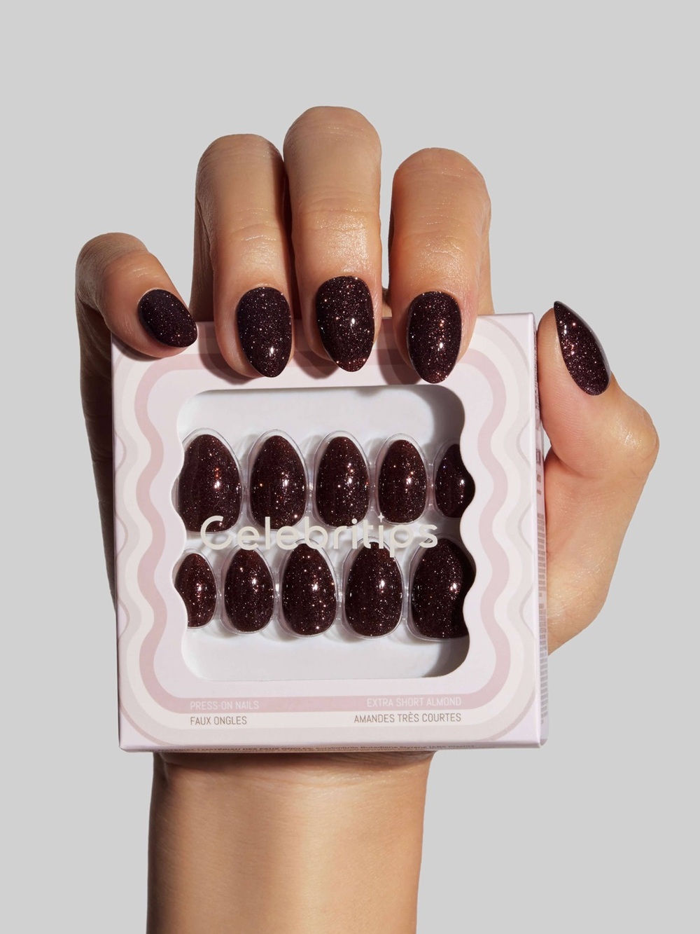 New in box Celebritips Black Honey Crystal press-on nails in Short Almond